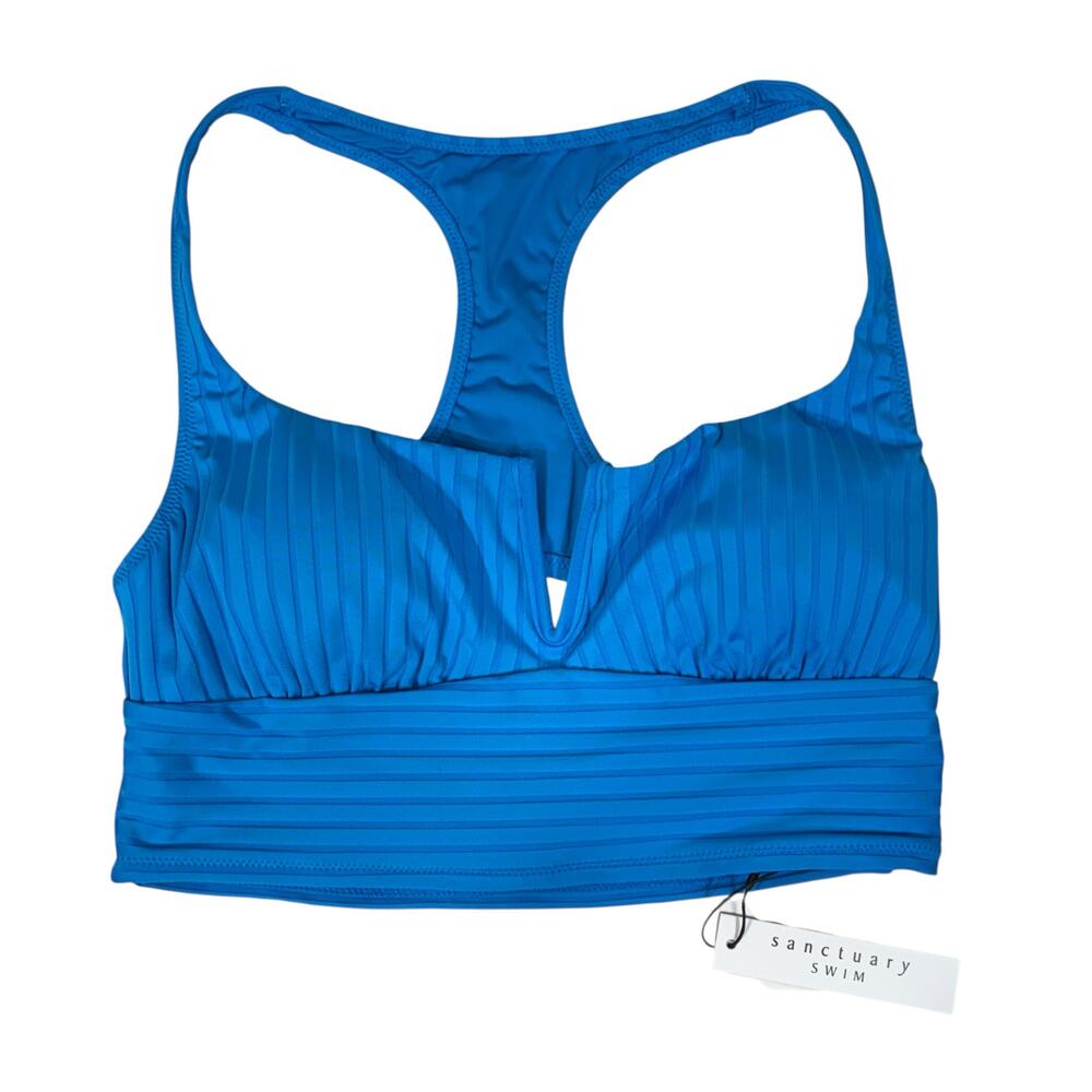 Sanctuary Medium Racerback Long Line Swim Top Pullover V-Wire Padded Cups Blue